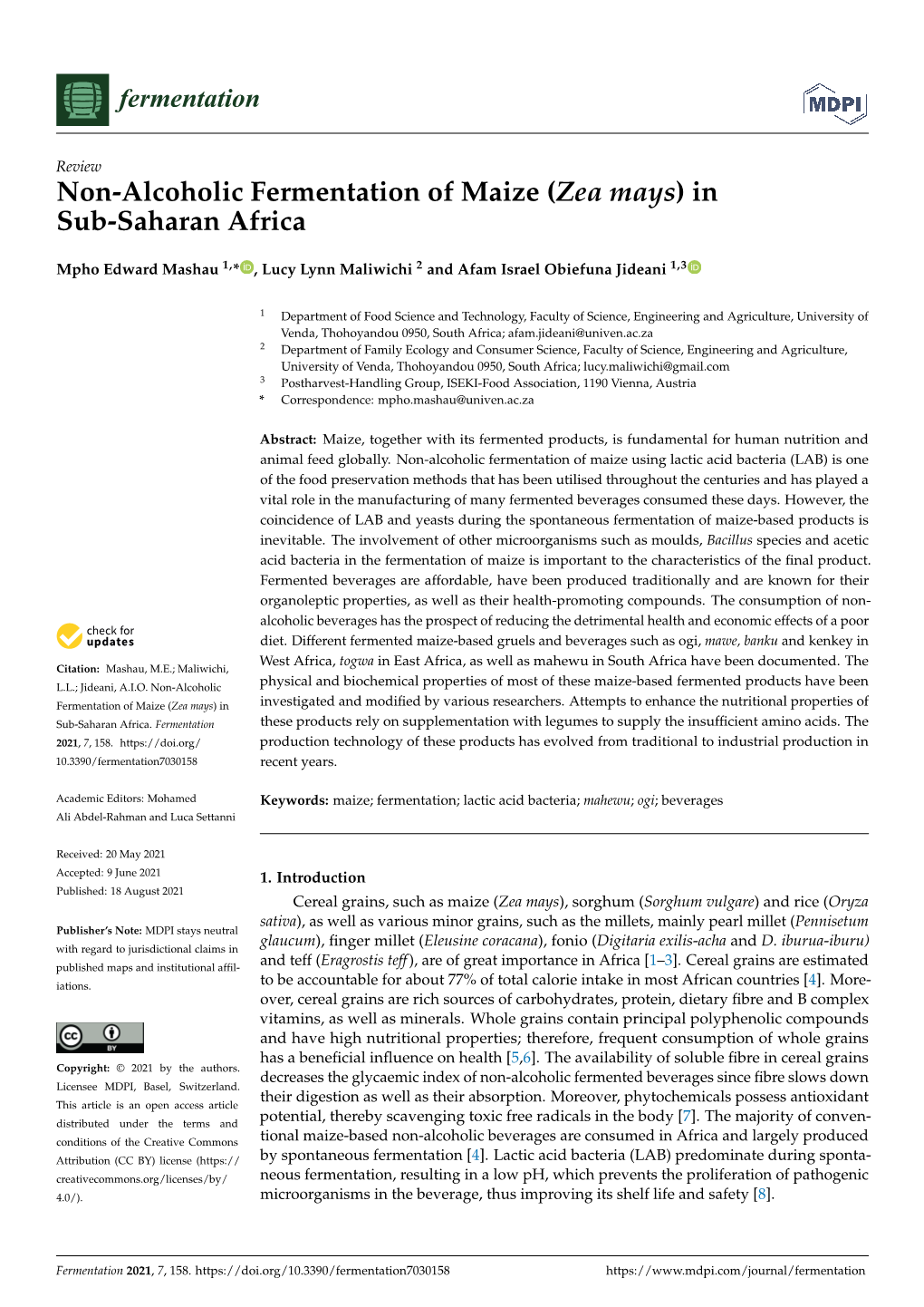 Non-Alcoholic Fermentation of Maize (Zea Mays) in Sub-Saharan Africa