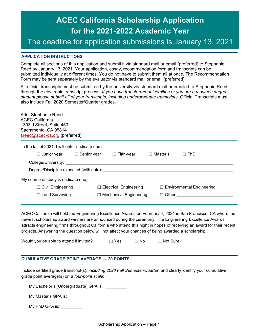 ACEC California Scholarship Application for the 2021-2022 Academic Year the Deadline for Application Submissions Is January 13, 2021