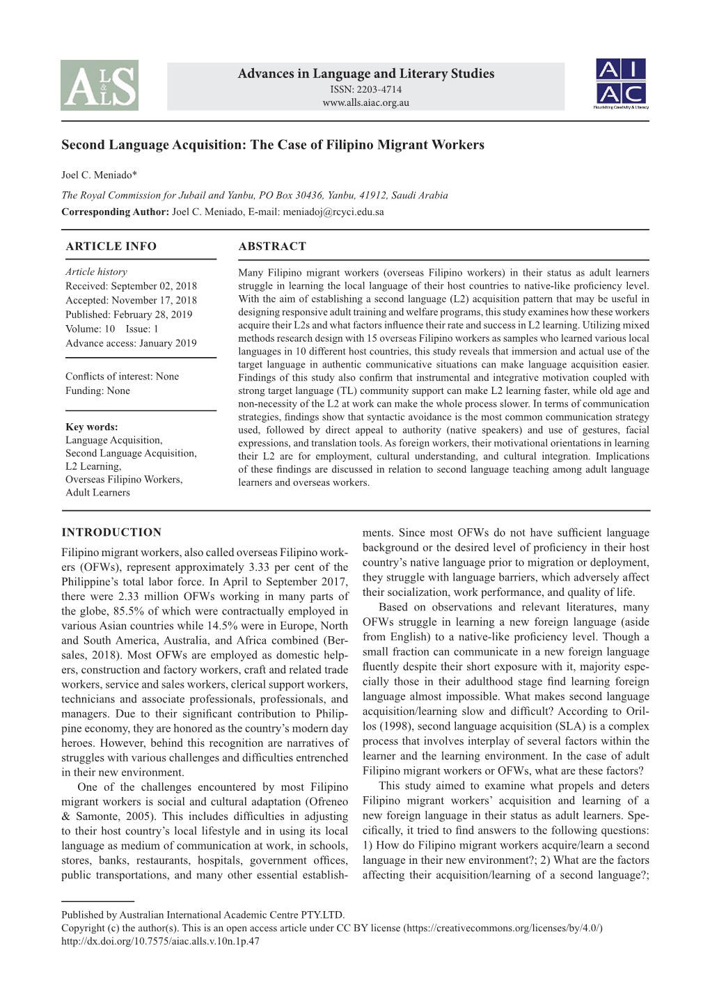 Second Language Acquisition: the Case of Filipino Migrant Workers Advances in Language and Literary Studies