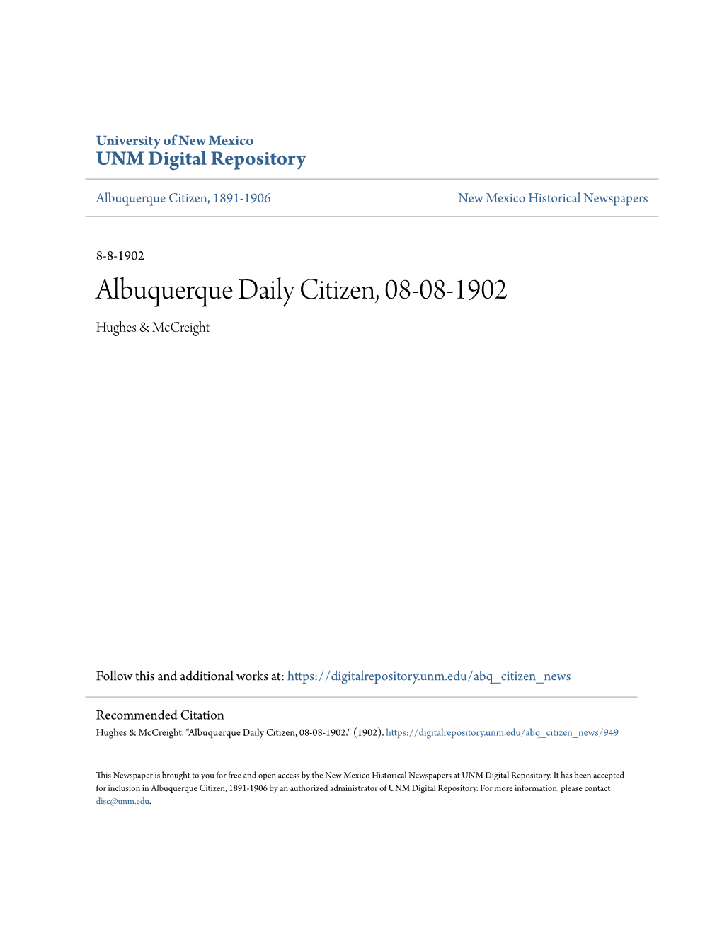 Albuquerque Daily Citizen, 08-08-1902 Hughes & Mccreight