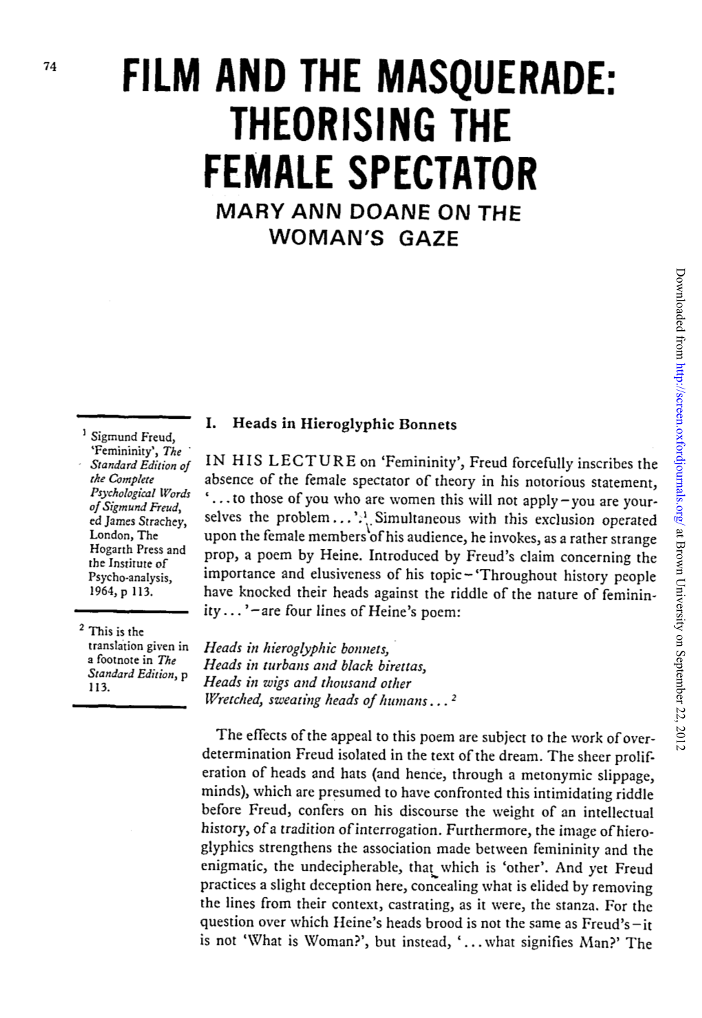 FILM and the MASQUERADE: THEORISING the FEMALE SPECTATOR MARY ANN DOANE on the WOMAN's GAZE Downloaded From