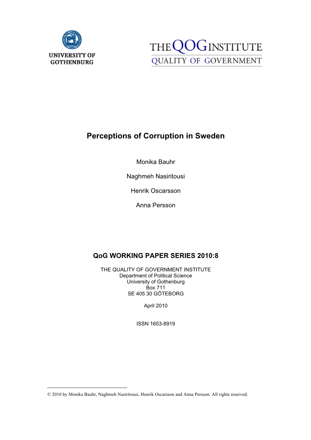 Perceptions of Corruption in Sweden