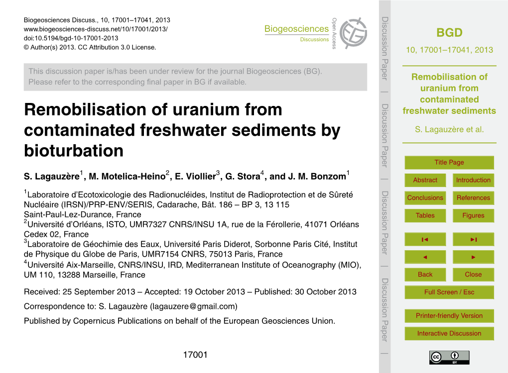 Remobilisation of Uranium from Contaminated Freshwater Sediments Table 1