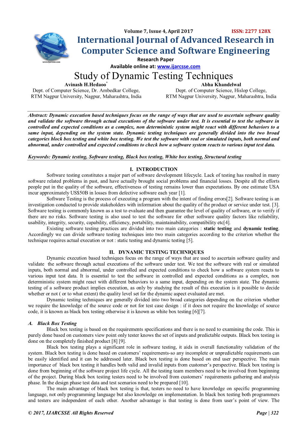 Study of Dynamic Testing Techniques Avinash H.Hedaoo* Abha Khandelwal Dept
