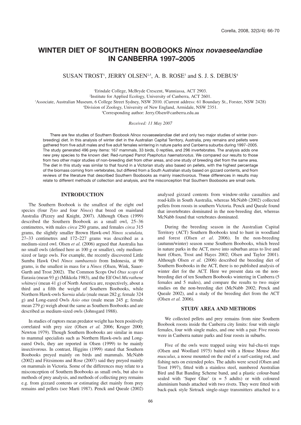 WINTER DIET of SOUTHERN BOOBOOKS Ninox Novaeseelandiae in CANBERRA 1997–2005