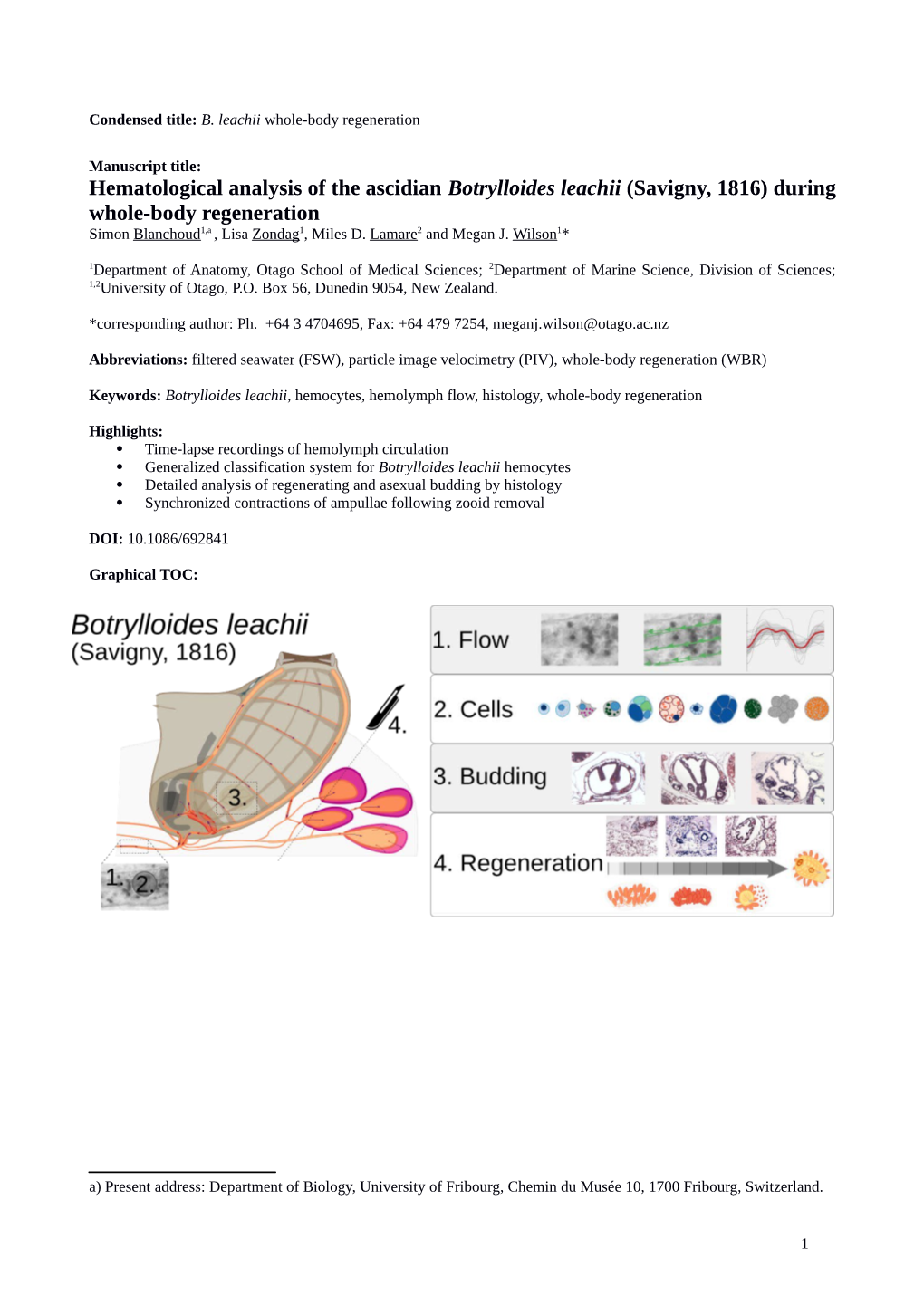 Hematological Analysis of the Ascidian Botrylloides Leachii (Savigny, 1816) During Whole-Body Regeneration Simon Blanchoud1,A , Lisa Zondag1, Miles D