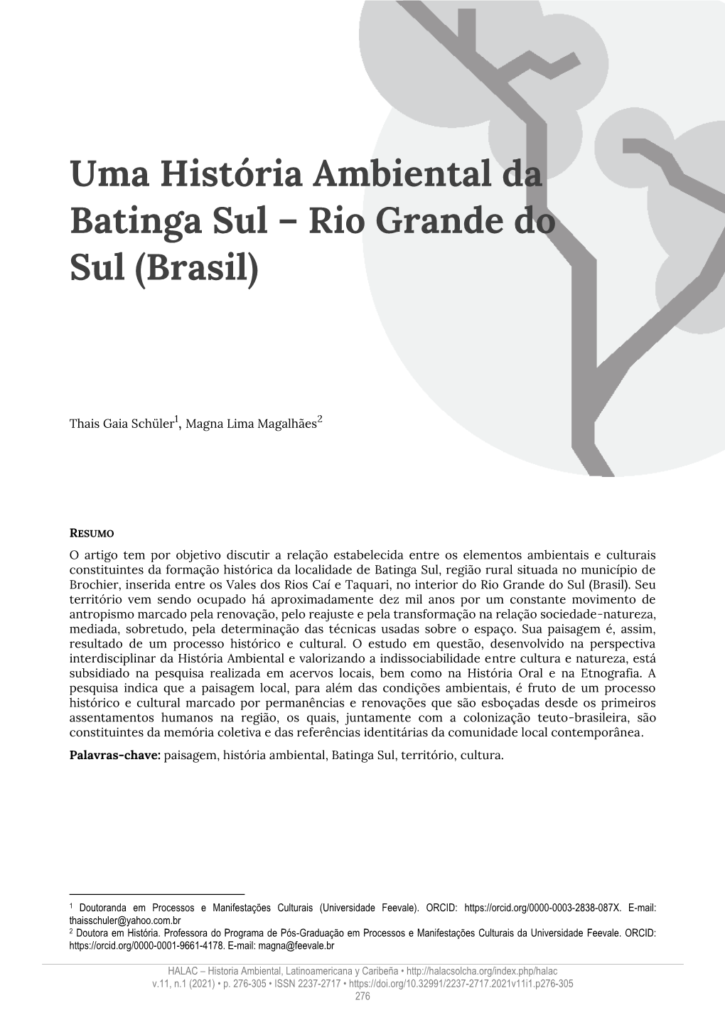 Uma História Ambiental Da Batinga Sul – Rio Grande Do Sul (Brasil)