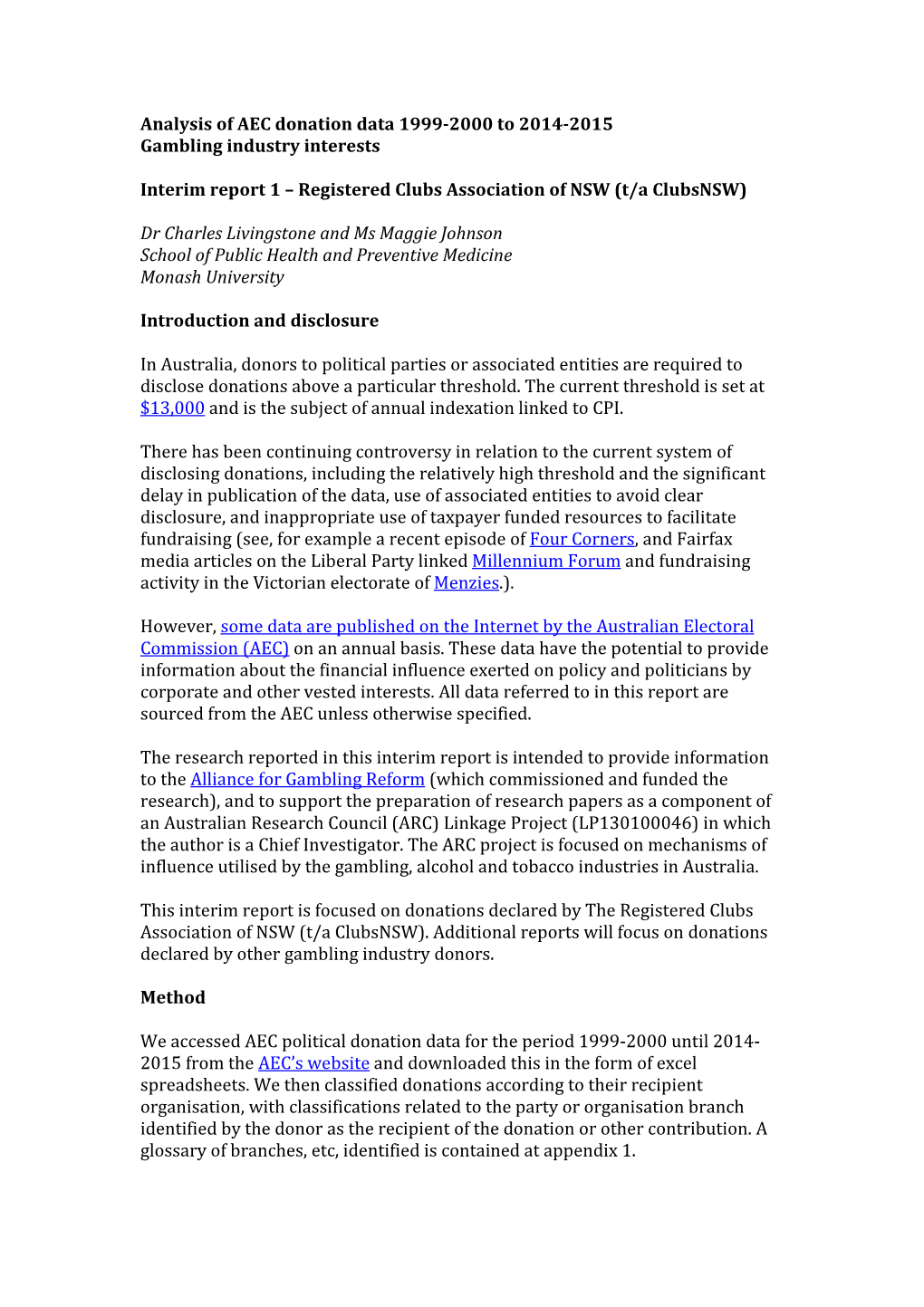 Analysis of AEC Donation Data 1999-2000 to 2014-2015 Gambling Industry Interests