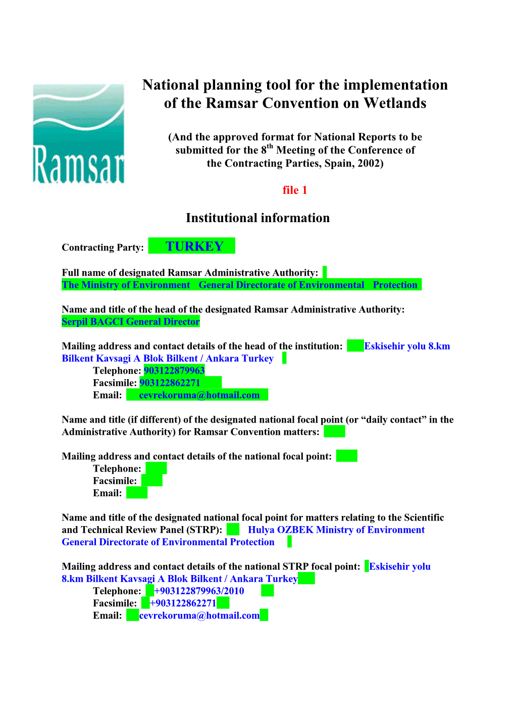 National Planning Tool for the Implementation of the Ramsar Convention on Wetlands