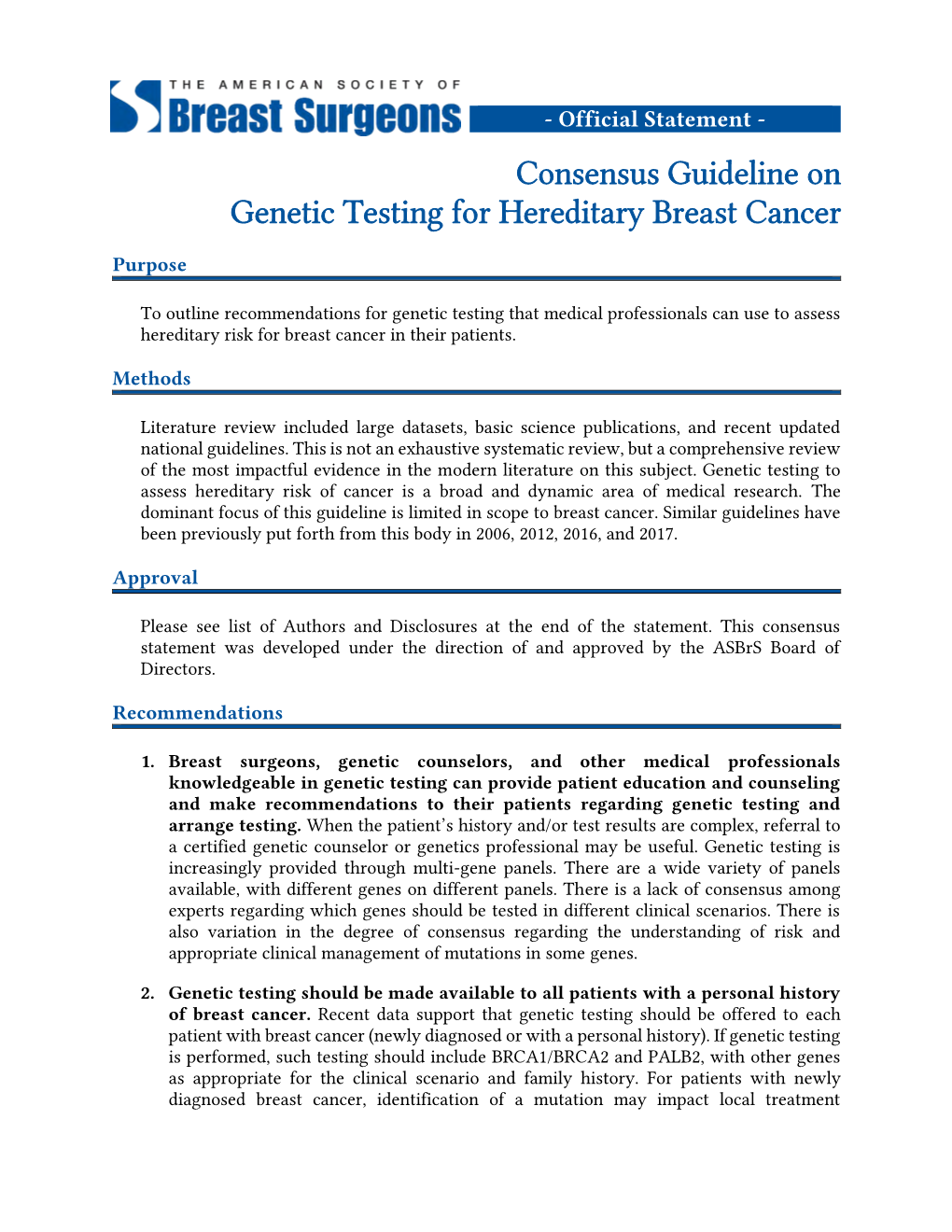 Consensus Guideline on Genetic Testing for Hereditary Breast Cancer