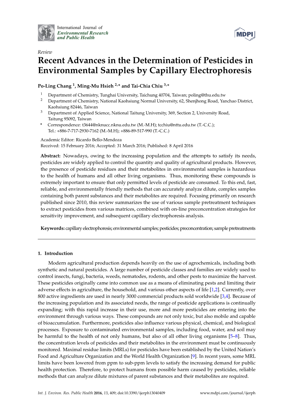 Recent Advances in the Determination of Pesticides in Environmental Samples by Capillary Electrophoresis