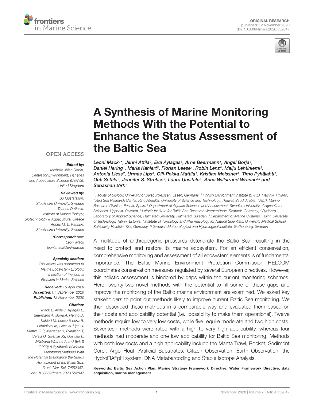 A Synthesis of Marine Monitoring Methods with the Potential to Enhance the Status Assessment of the Baltic Sea
