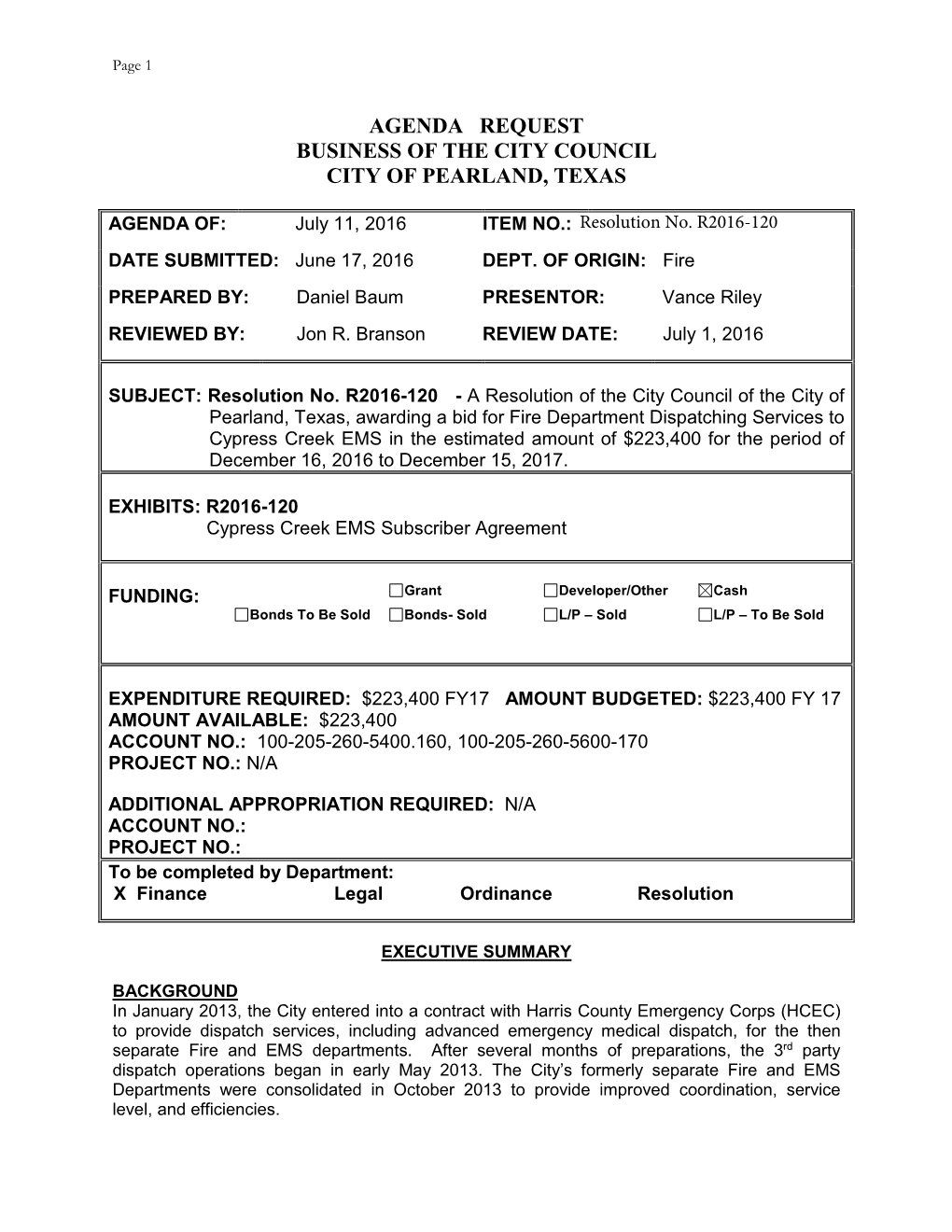 Agenda Request Business of the City Council City of Pearland, Texas
