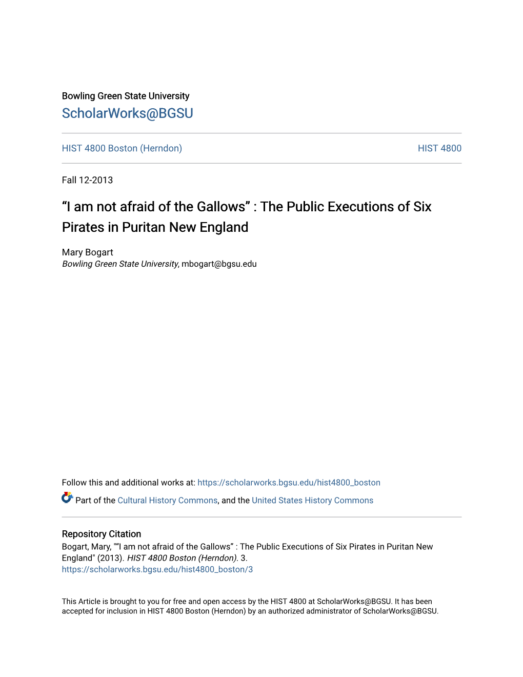 “I Am Not Afraid of the Gallows” : the Public Executions of Six Pirates in Puritan New England