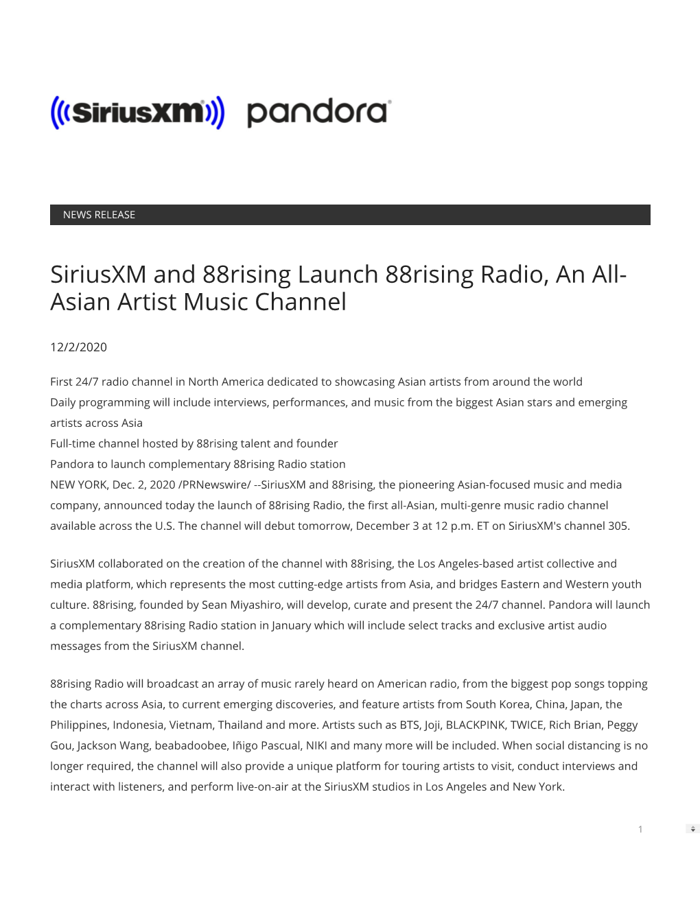 Siriusxm and 88Rising Launch 88Rising Radio, an All- Asian Artist Music Channel