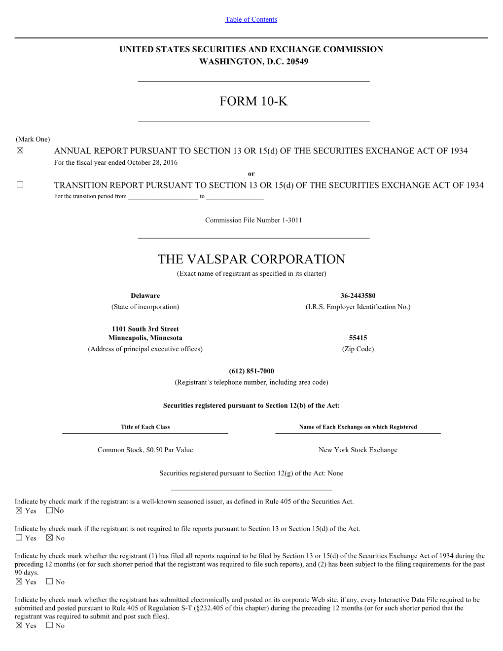 Form 10-K the Valspar Corporation