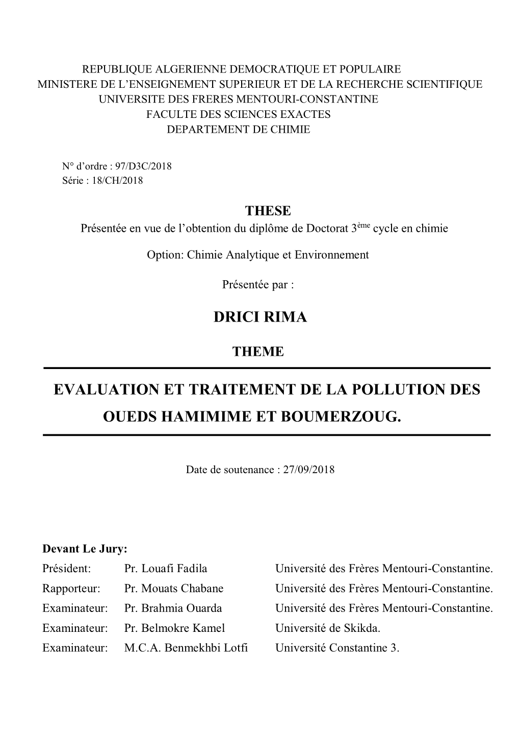 Drici Rima Evaluation Et Traitement De La Pollution Des Oueds Hamimime Et Boumerzoug