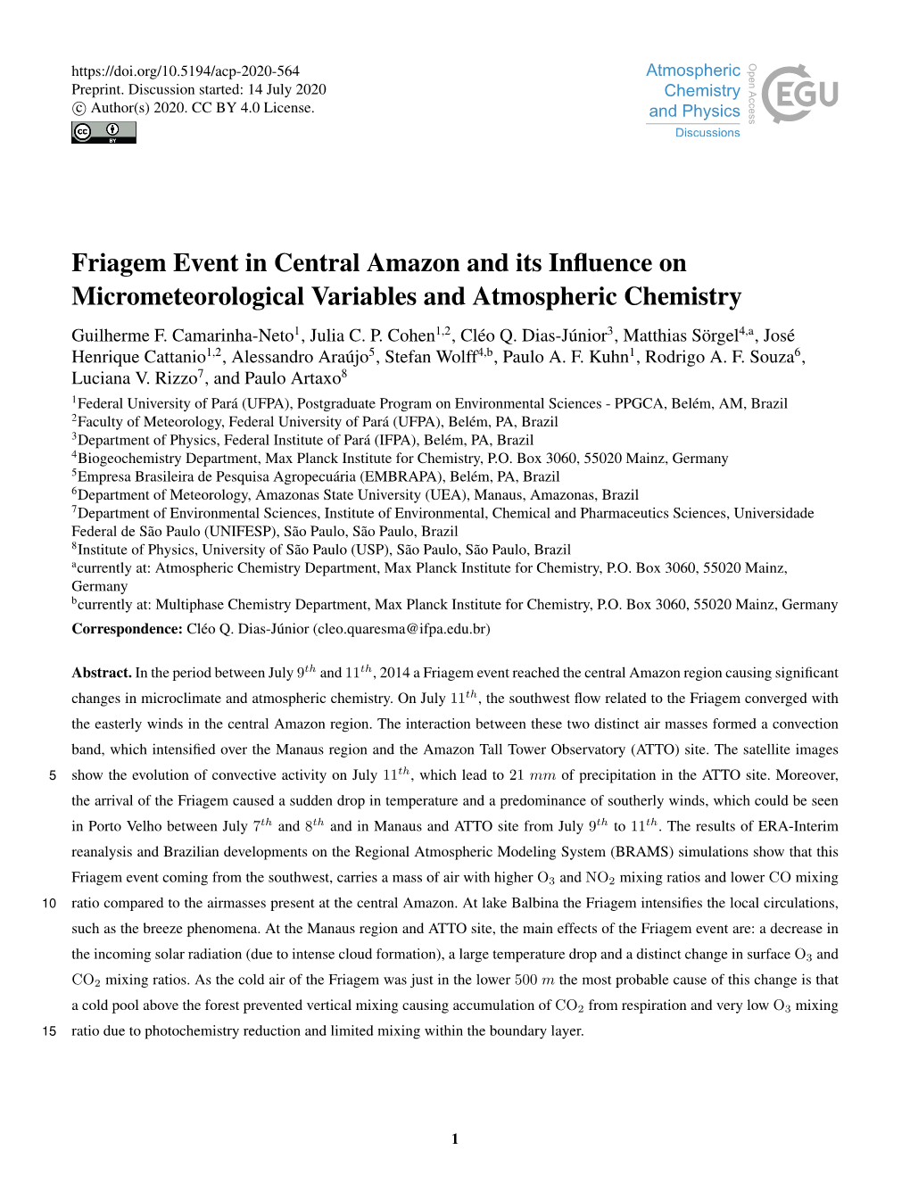 Friagem Event in Central Amazon and Its Influence on Micrometeorological Variables and Atmospheric Chemistry