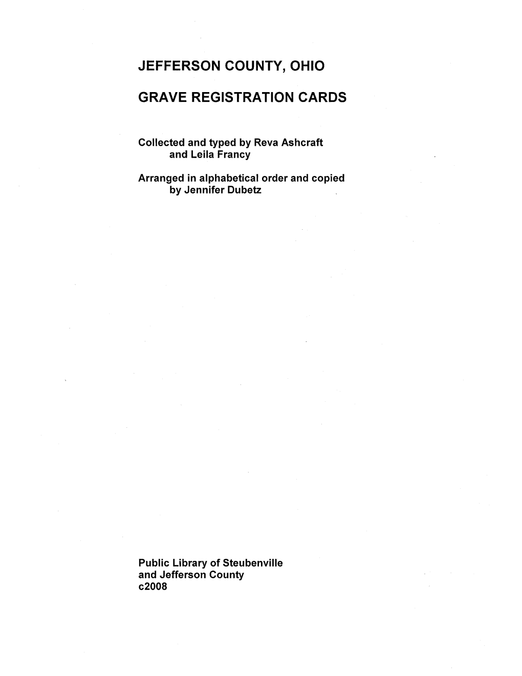 Jefferson County, Ohio Grave Registration Cards