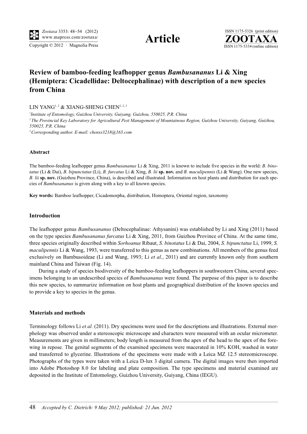 Review of Bamboo-Feeding Leafhopper Genus Bambusananus Li & Xing