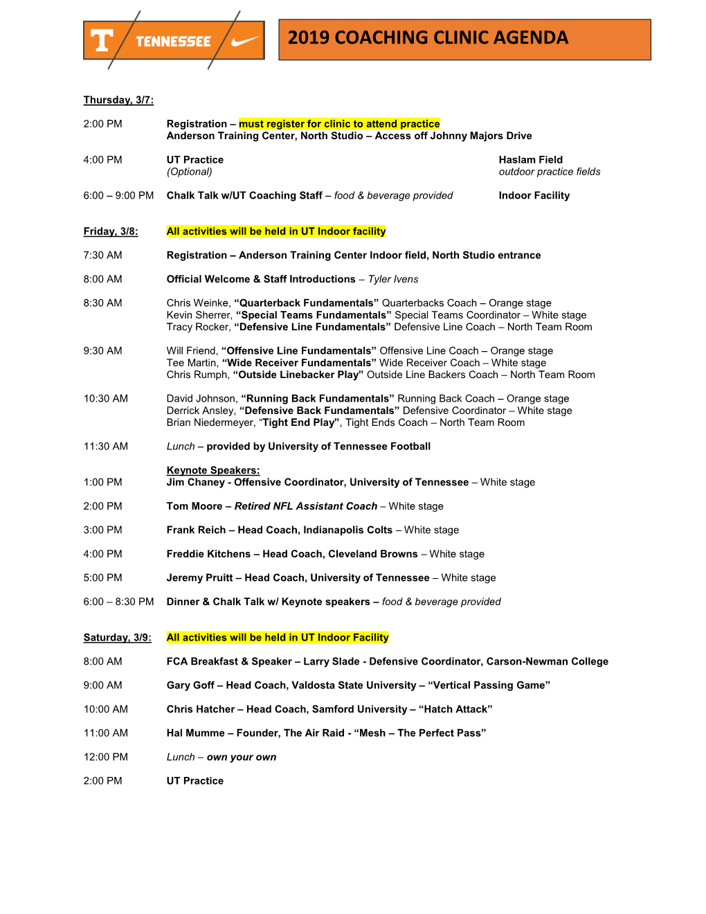 2019 Coaching Clinic Agenda