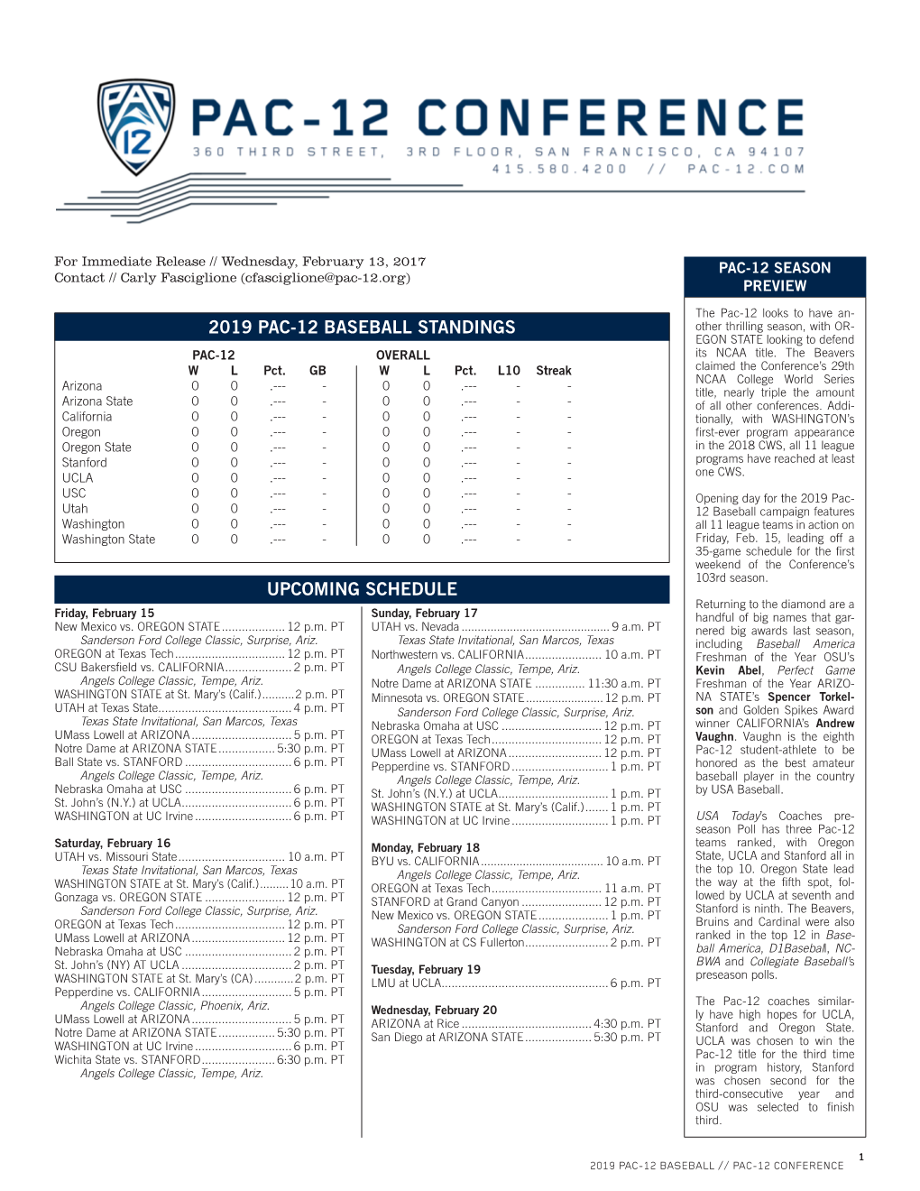 2019 Pac-12 Baseball Standings Upcoming