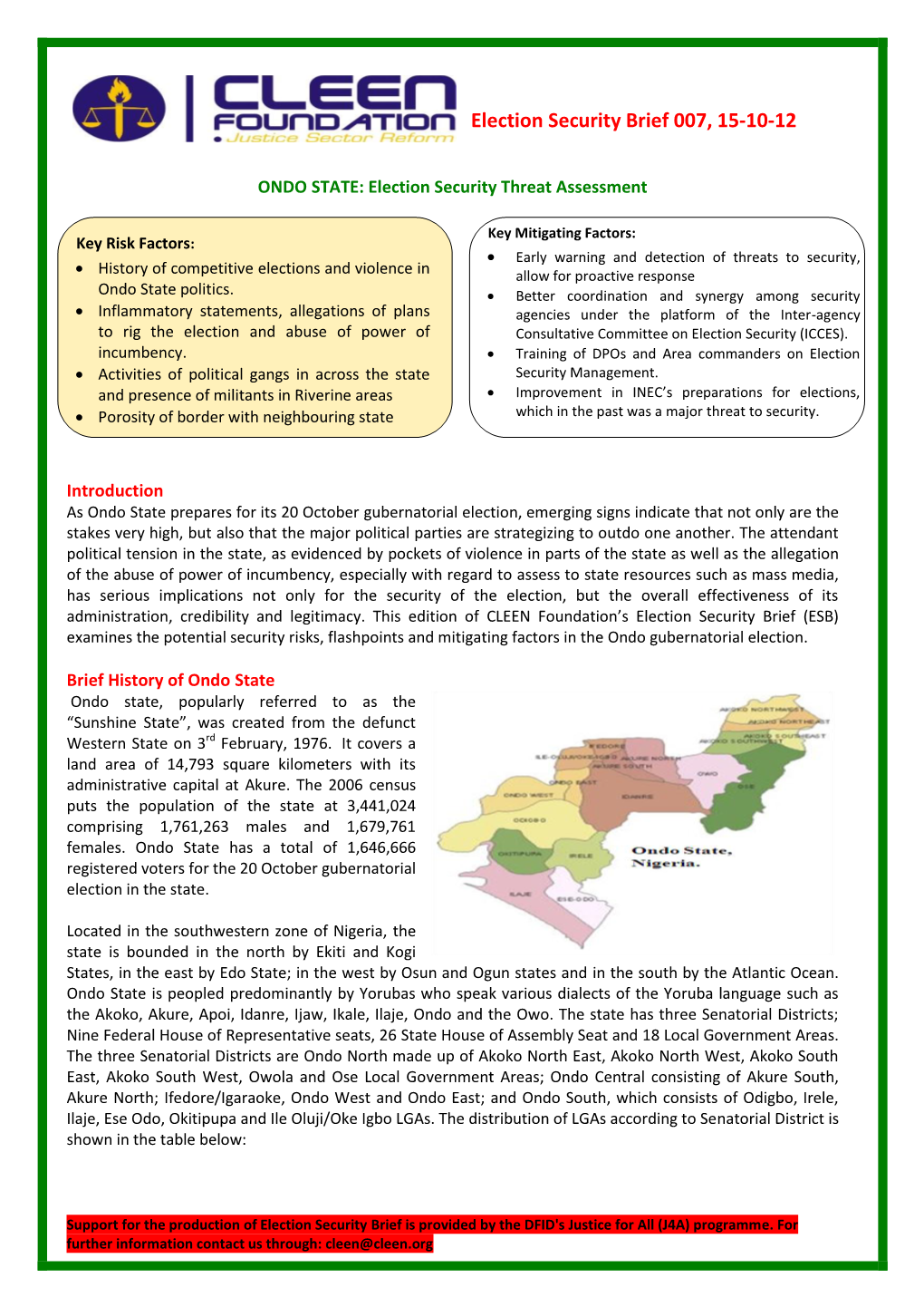 2012 Ondo State: Election Security Threat Assessment Brief