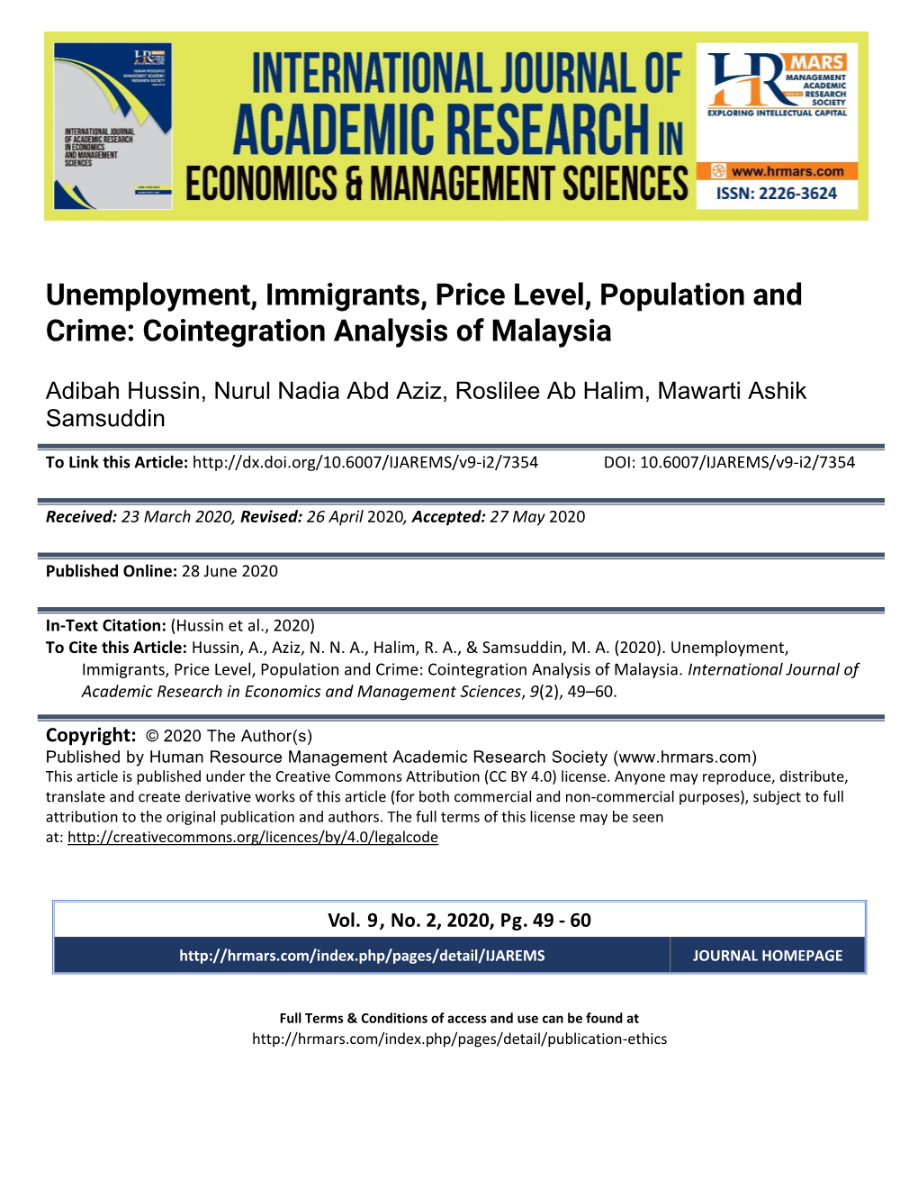 Unemployment, Immigrants, Price Level, Population and Crime: Cointegration Analysis of Malaysia