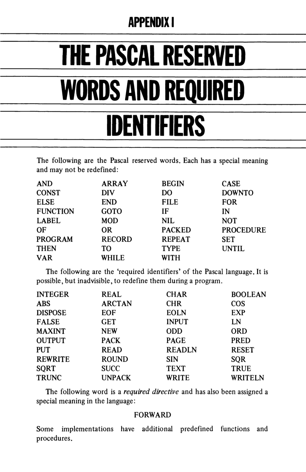 The Pascal Reserved Words and Required Identifiers