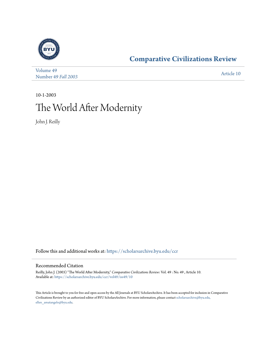 The World After Modernity 120 Comparative Civilizations Reviewno