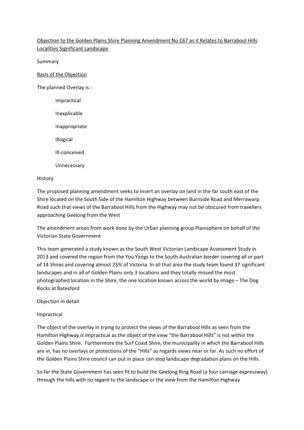 Objection to the Golden Plains Shire Planning Amendment No C67 As It Relates to Barrabool Hills Localities Significant Landscape