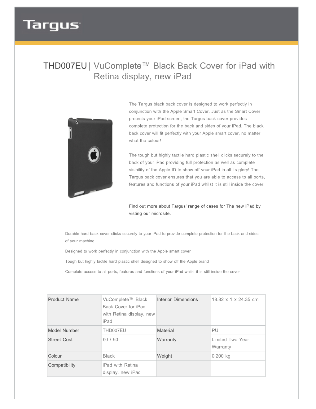 THD007EU| Vucomplete™ Black Back Cover for Ipad with Retina Display, New Ipad