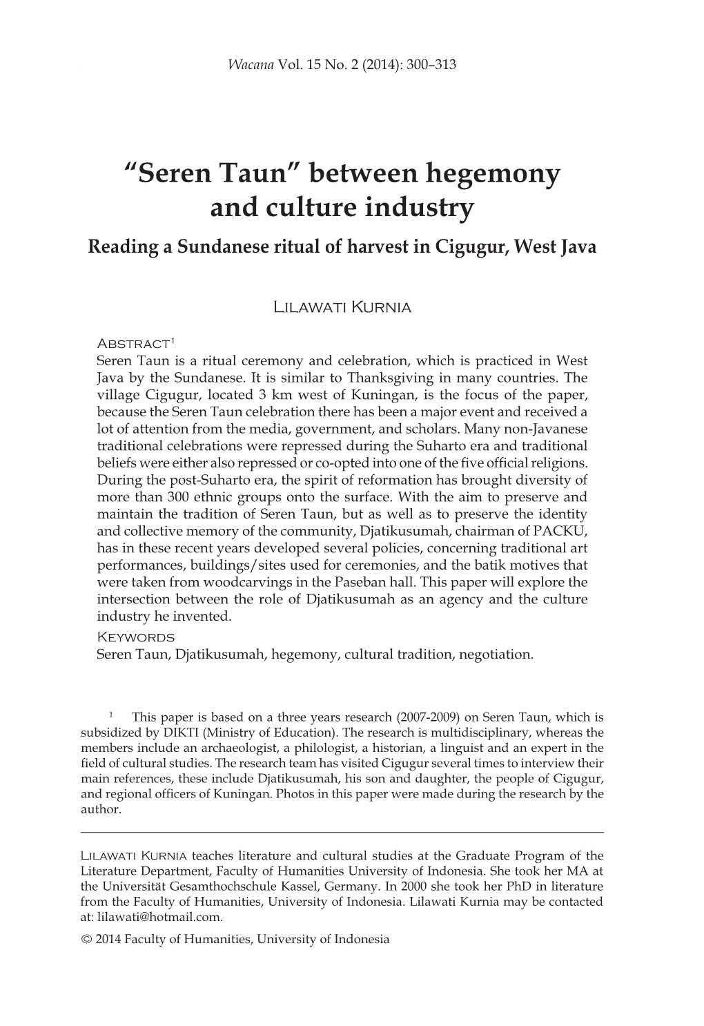 Seren Taun” Between Hegemony and Culture Industry 301