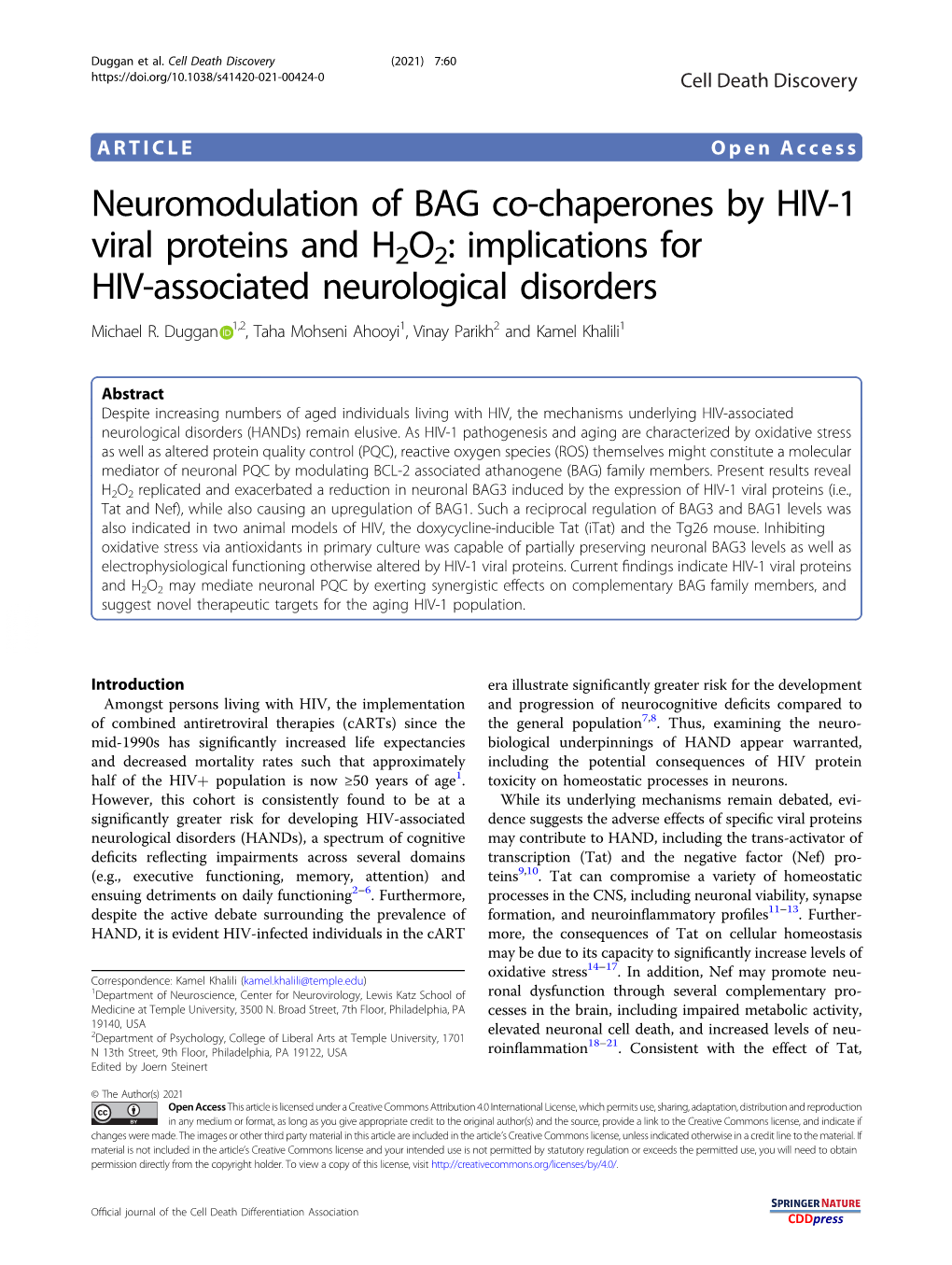 Neuromodulation of BAG Co-Chaperones by HIV-1 Viral Proteins and H2O2: Implications for HIV-Associated Neurological Disorders Michael R