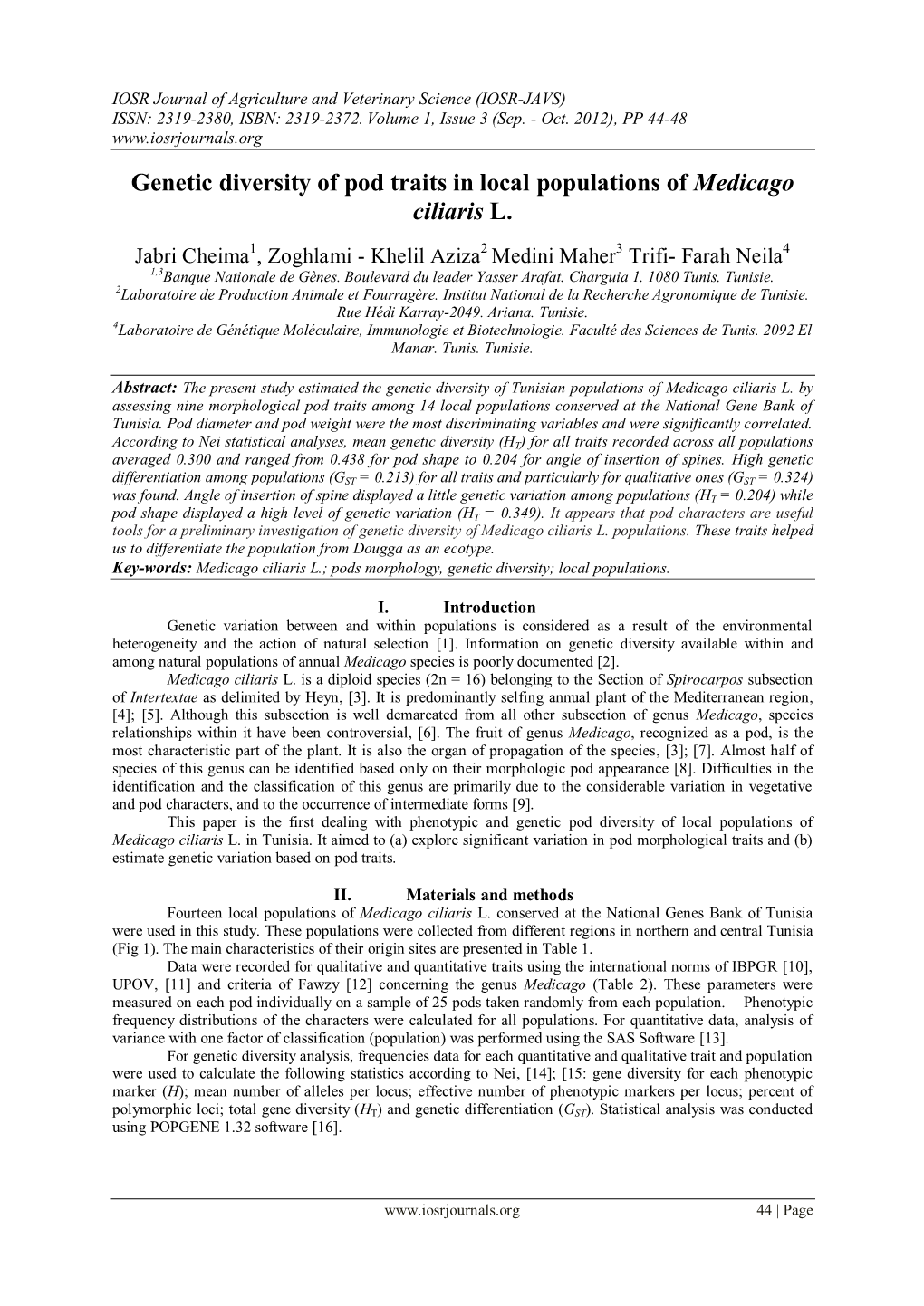 Genetic Diversity of Pod Traits in Local Populations of Medicago Ciliaris L