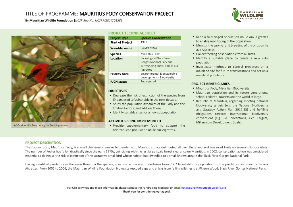 MAURITIUS FODY CONSERVATION PROJECT by Mauritian Wildlife Foundation [NCSR Reg No: NCSRF/2017/0158]