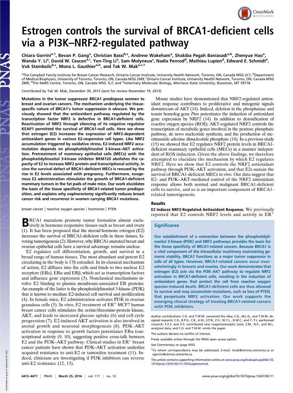 Estrogen Controls the Survival of BRCA1-Deficient Cells Via a PI3K–NRF2-Regulated Pathway