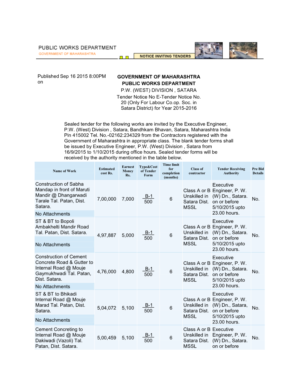 DIVISION , SATARA Tender Notice No E-Tender Notice No