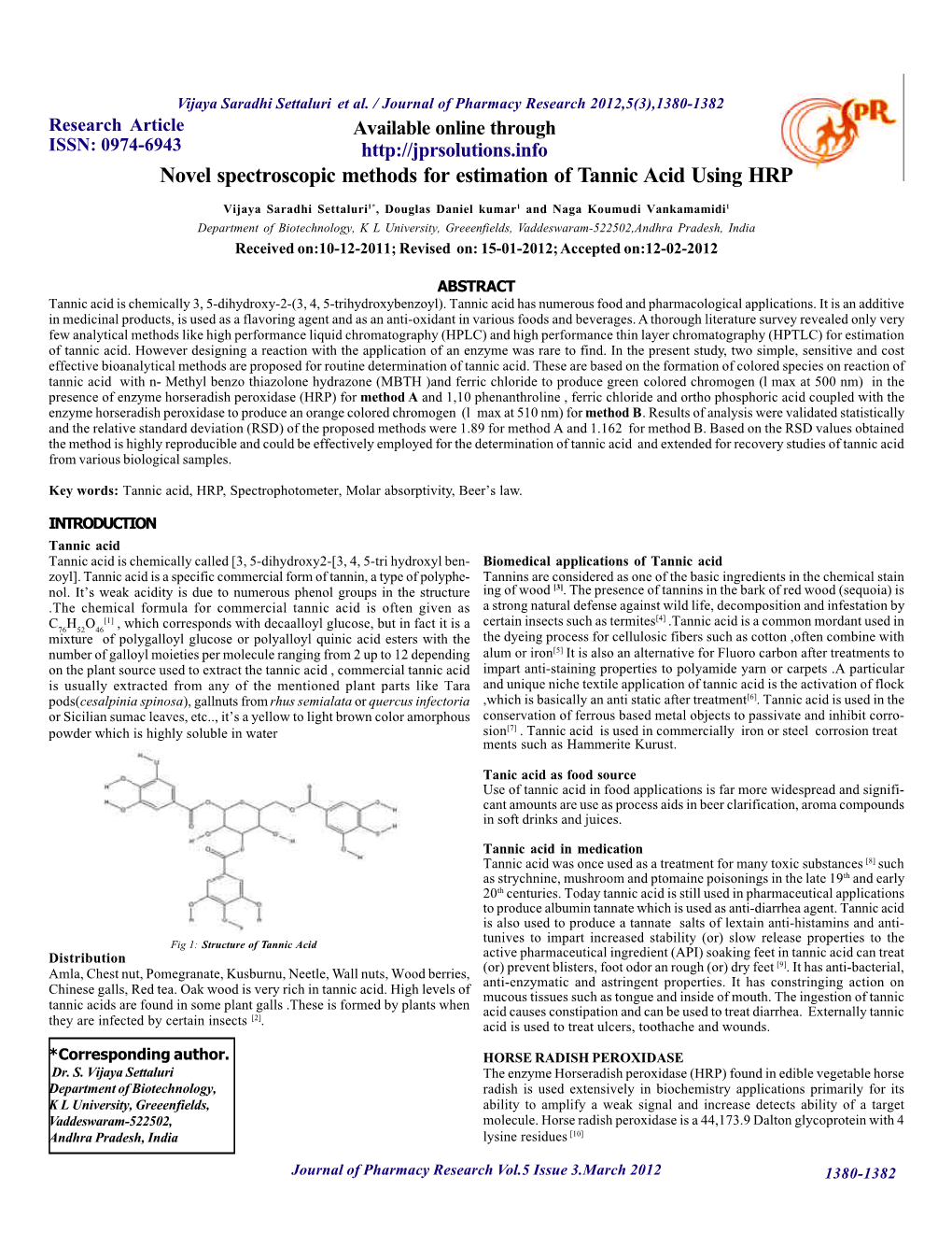 Novel Spectroscopic Methods for Estimation of Tannic Acid Using HRP