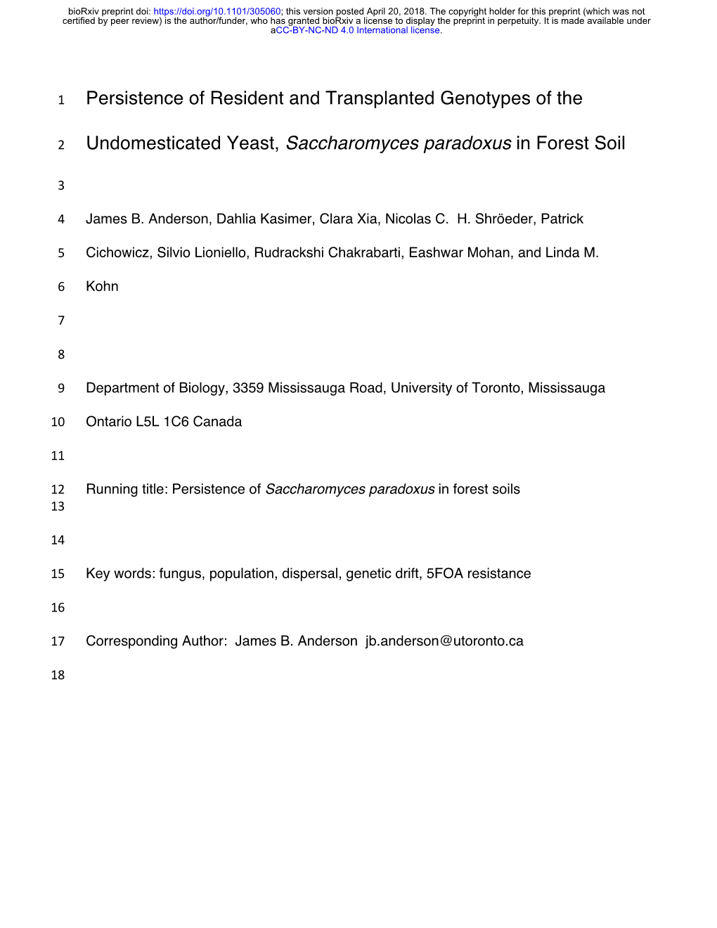 Persistence of Resident and Transplanted Genotypes of the Undomesticated Yeast, Saccharomyces Paradoxus in Forest Soil