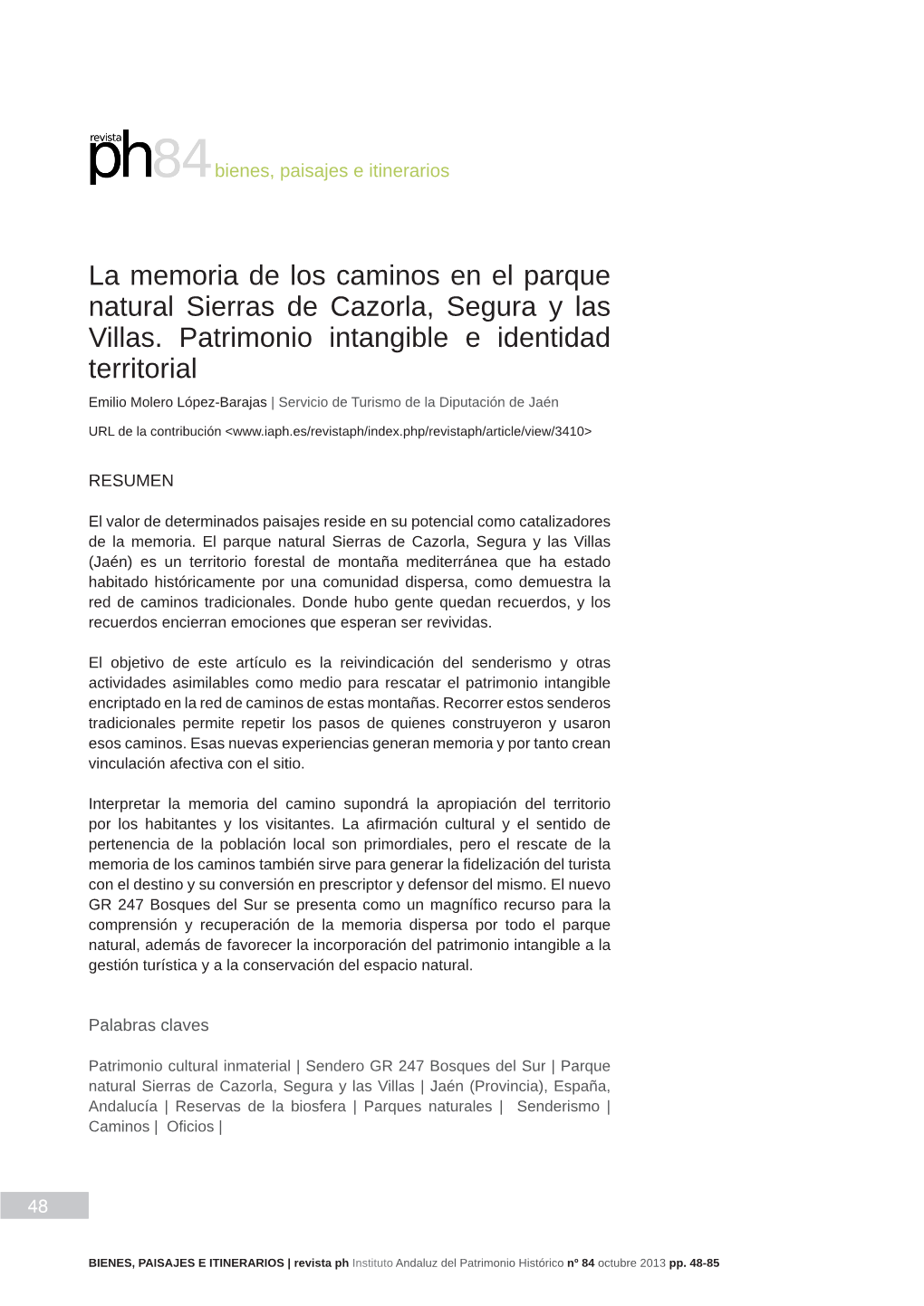 La Memoria De Los Caminos En El Parque Natural Sierras De Cazorla, Segura Y Las Villas. Patrimonio Intangible E Identidad Territ