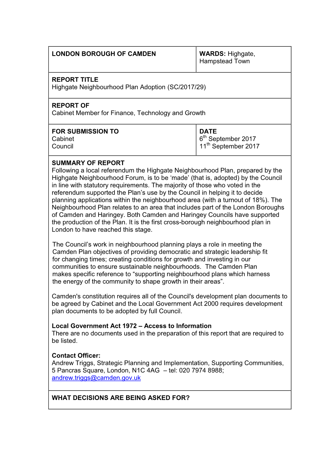 LONDON BOROUGH of CAMDEN WARDS: Highgate, Hampstead Town