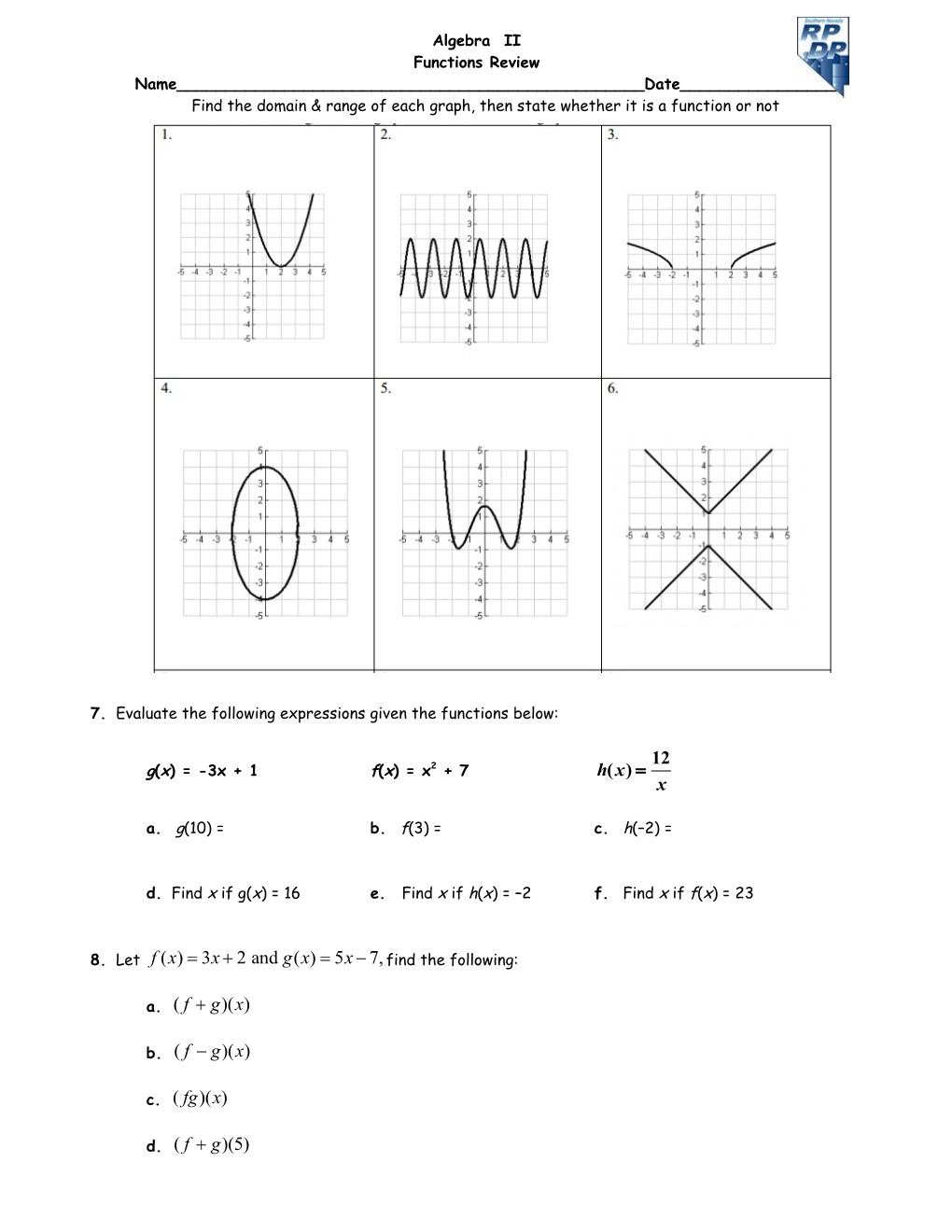 Function Notation Worksheet