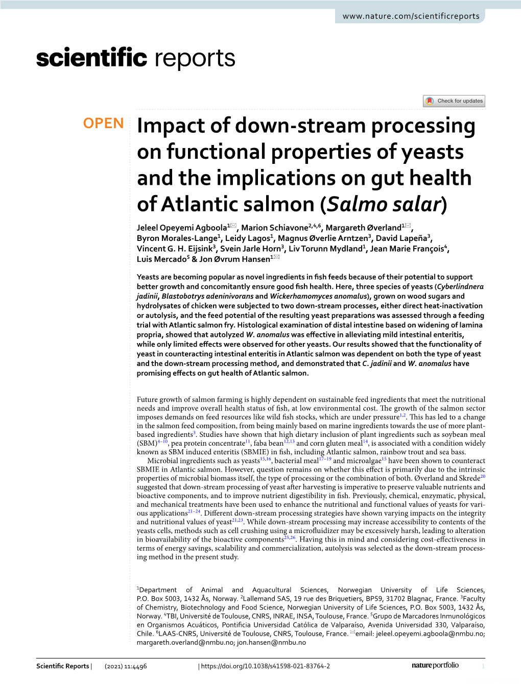 Impact of Down-Stream Processing on Functional Properties of Yeasts and the Implications on Gut Health of Atlantic Salmon