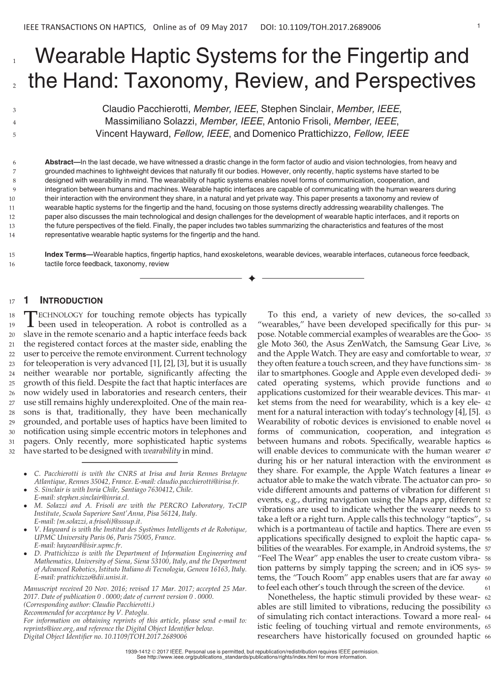 Wearable Haptic Systems for the Fingertip and the Hand: Taxonomy, Review, and Perspectives 3