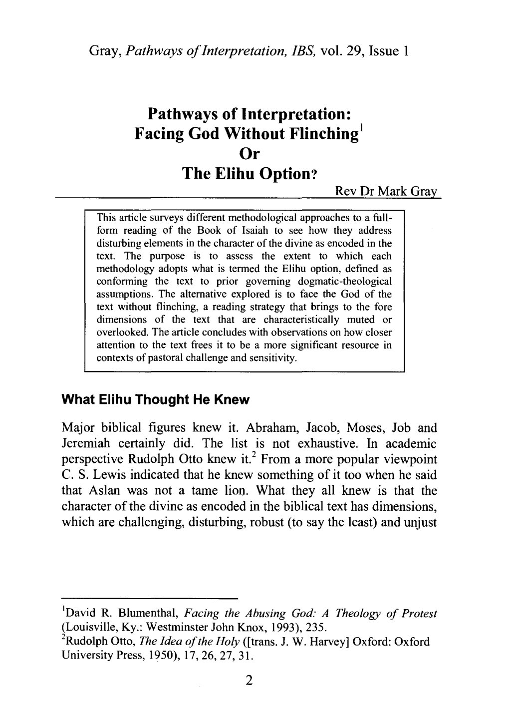 Pathways of Interpretation: Facing God Without Flinching Or the Elihu
