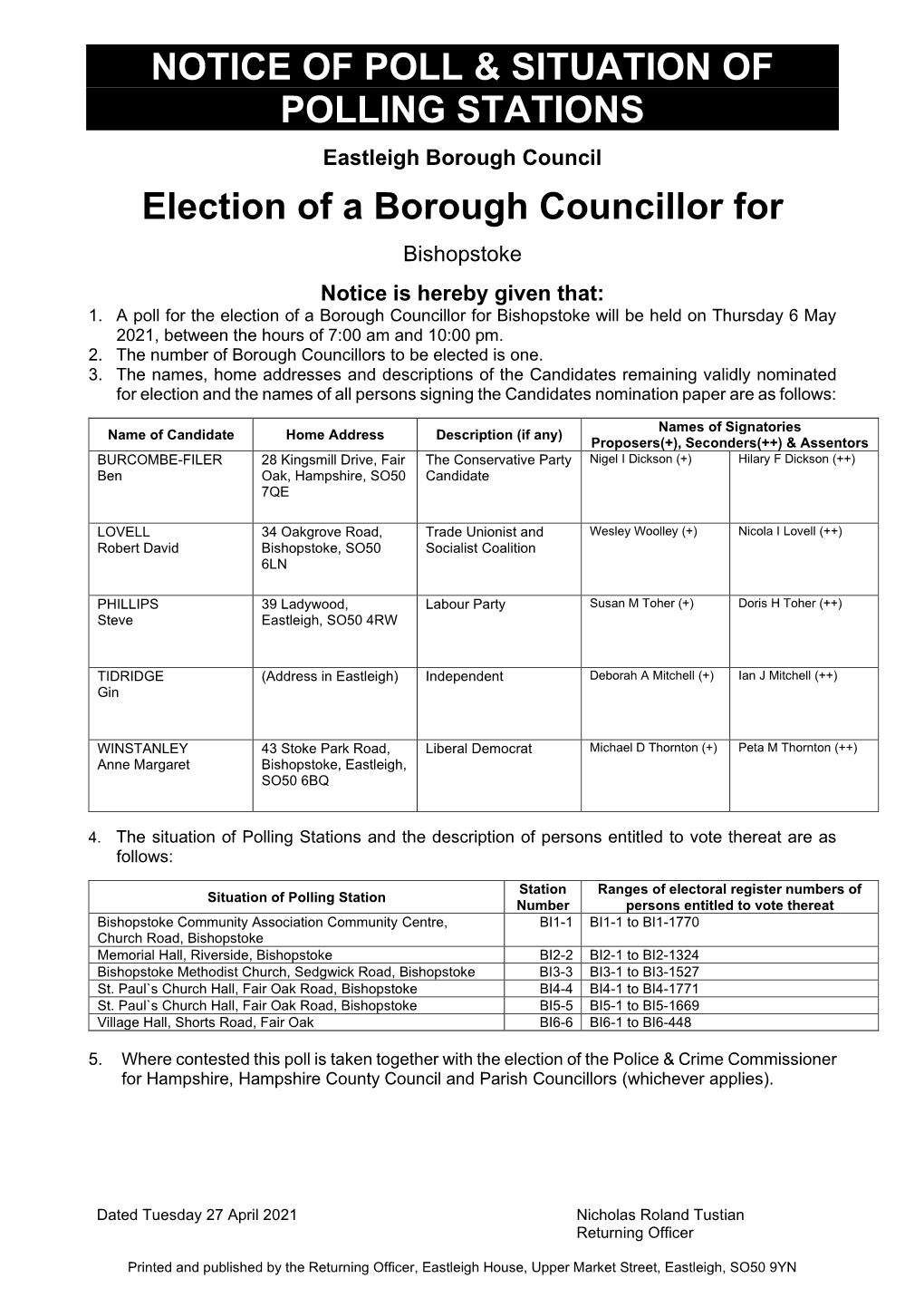 Notice of Poll and Situation of Polling Stations