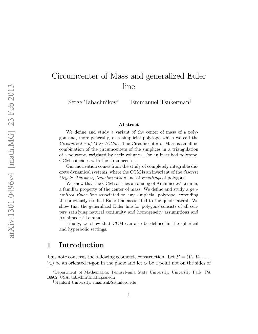 Circumcenter of Mass and Generalized Euler Line Arxiv