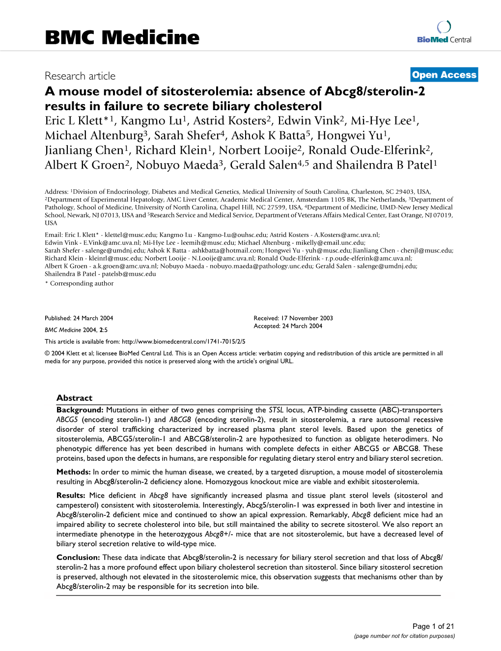 A Mouse Model of Sitosterolemia: Absence of Abcg8/Sterolin-2 Results in Failure to Secrete Biliary Cholesterol