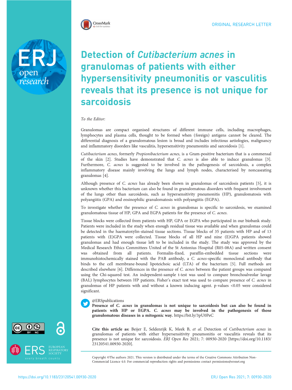 Detection of Cutibacterium Acnes in Granulomas of Patients with Either